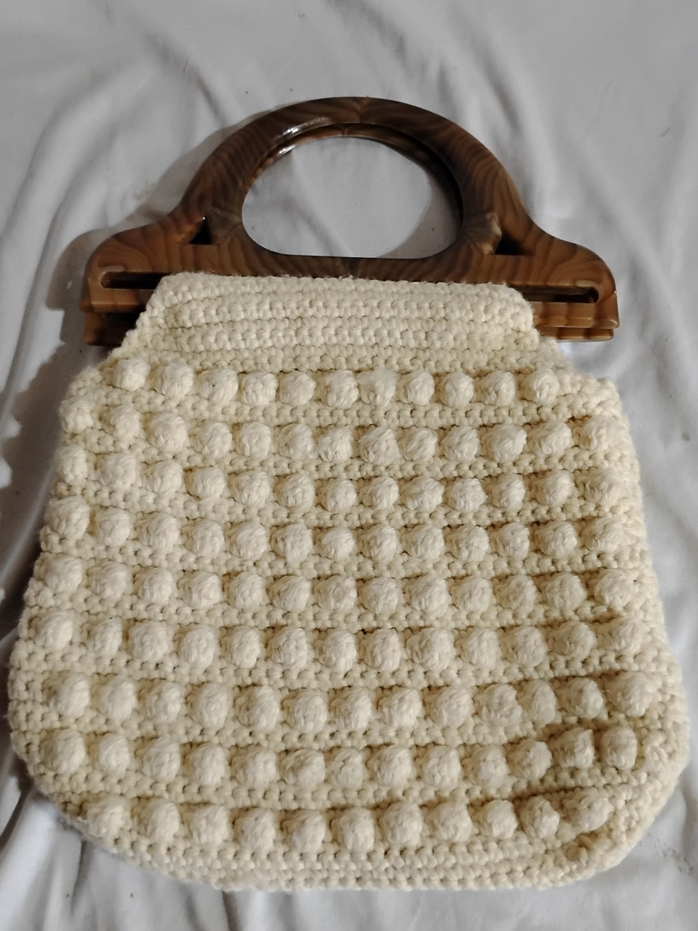Cream Crochet Mini Bag with Wood-Effect Handles